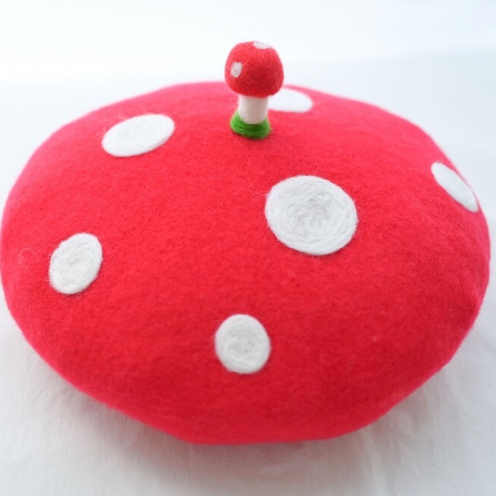 Mushroom Beret Hat Red Strawberry Ladybug Polka Dot - Picture 2 of 3